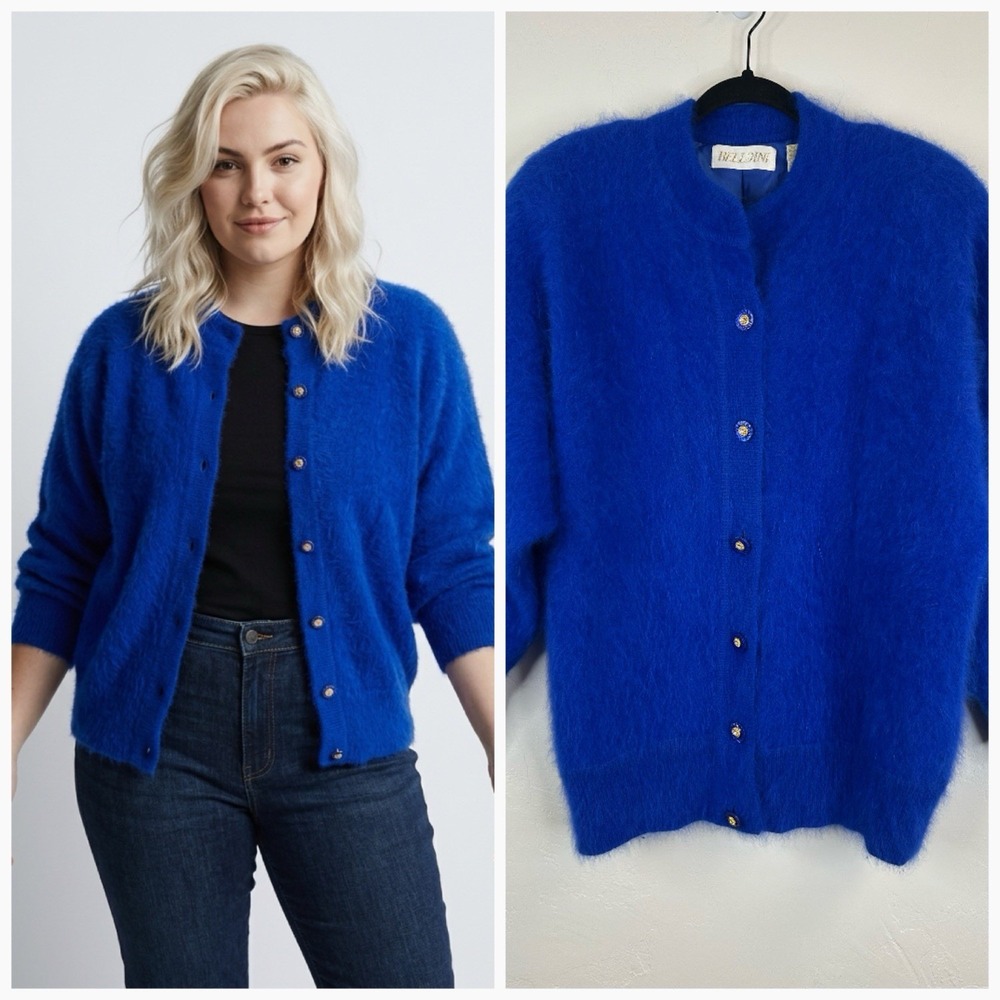 Vintage Angora Lambswool Vibrant Blue Cardigan Sweater Size L Button Up 80s 90s
